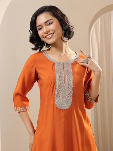 Image of Libas Embroidered Silk Blend Straight Kurta with Salwar and Dupatta