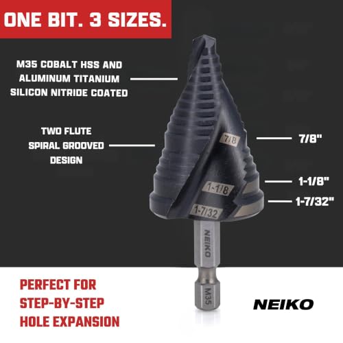 Image of NEIKO 10637B Step Drill Bit, 3 Steps 7 /8 inch to 1-7 /32 inch Spiral M35 Cobalt, AlTiSiN Coated, 1 /4 inch Quick Change Step Bits for Steel, Metal, Wood, Plastic, Unibit Cone Drill Bits, Two Flute