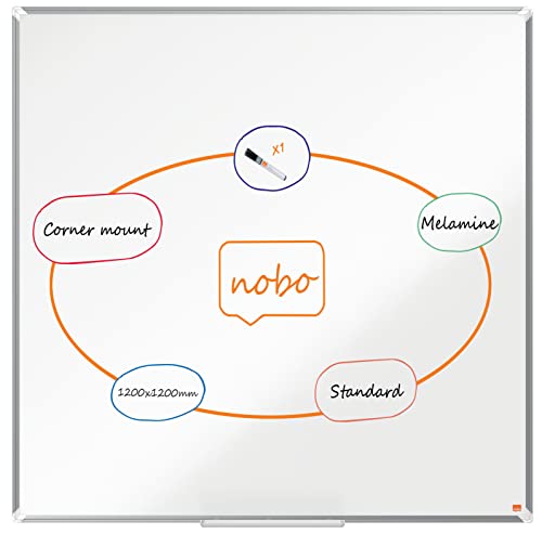 Nobo Melamine Whiteboard, Non-Magnetic, 1200 x 1200mm, Aluminium Trim, Corner Wall Mounting, Includes Whiteboard Pen, Premium Plus, 120 x 120cm, White, 1915169