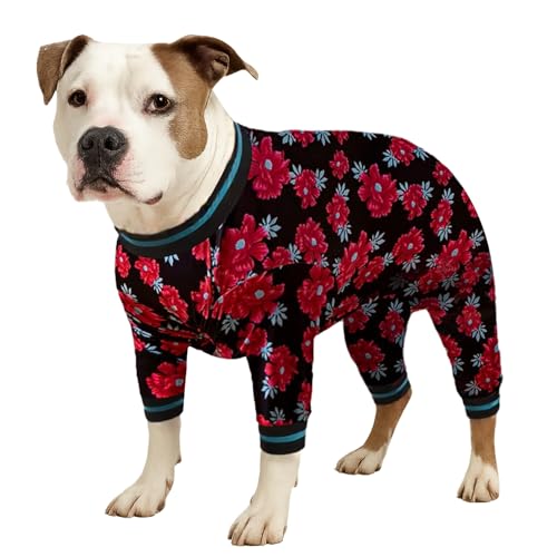 Schlafanzug für große Hunde – große Hunde-Marmeladen, Blumenmuster, Marineblau und Rubin-Druck, leichter Pullover, Haustier-Pyjama, vollständige Abdeckung, Größe L