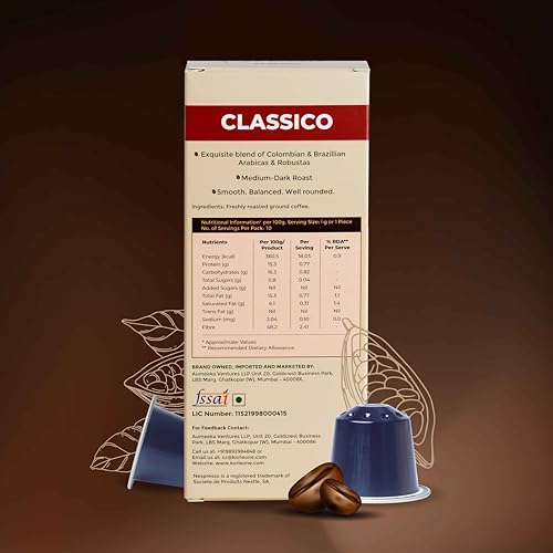 Image of KORLEONE Classico Aluminium Coffee Capsules 10 Pods (Pack of 1), Arabica Robusta Blend Intensity 9 Medium to Dark Roast Level Compatible With Nespresso Original Machine,70 G