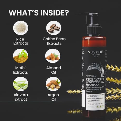 Image of Nuskhe by Paras | Ayurvedic Rice Water Conditioning Shampoo | With Coffee, Bhringraj, Amla & Argan Oil | Helps Reduce Hair Fall, Strengthen Roots & Add Volume | For All Hair Types | 200ml