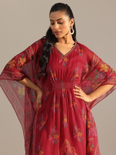 Image of Libas Womens Printed Chiffon A Line Kurta With Trousers | daily wear suit