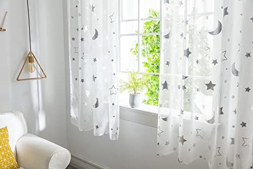BOYOUTH Stars and Moon Pattern Sheer Voile Curtains for Window Decorations,Rod Pocket Curtains and Drapes for Bedroom,Study,Living Room,Silver,2 Panels,39 x 51 Inches
