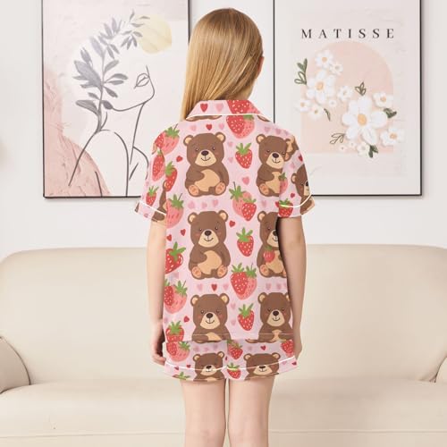 ALAZA Cartoon Strawberry Bear Pajamas Satin Pajama Set Short Sleeve Button Down Sleepwear4