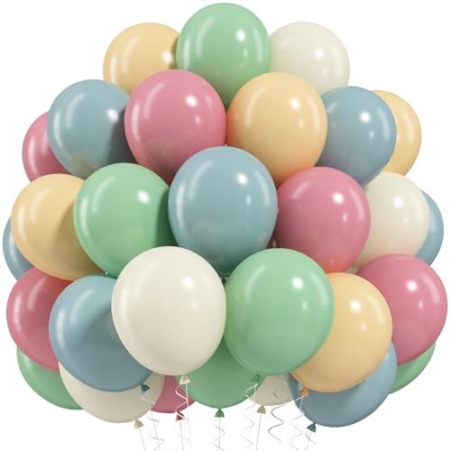 Pink Blue Green Balloons, Retro Blush Pink Sage Green Dusty Blue Ivory White Nude Latex Balloons Boho Pastel Rainbow Goose Party Balloon for Flower Fairy Baby in Bloom Shower Birthday Party Decoration