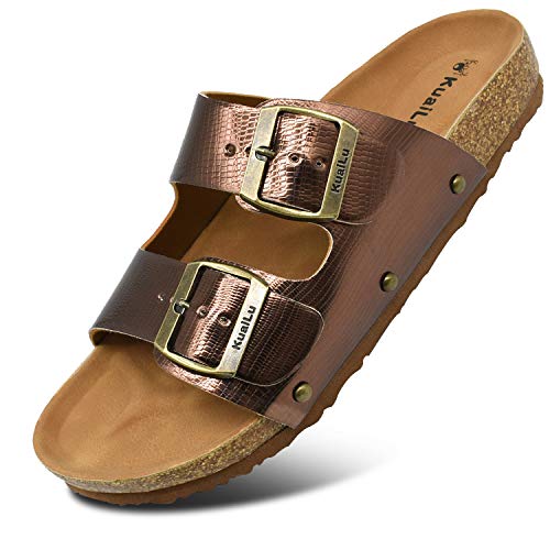 Gold sandals Women s Comfy Cork Footbed Sandals Ladies Bright Color Slides Sandals Suede Leather Two Strap Slip On Shoes
