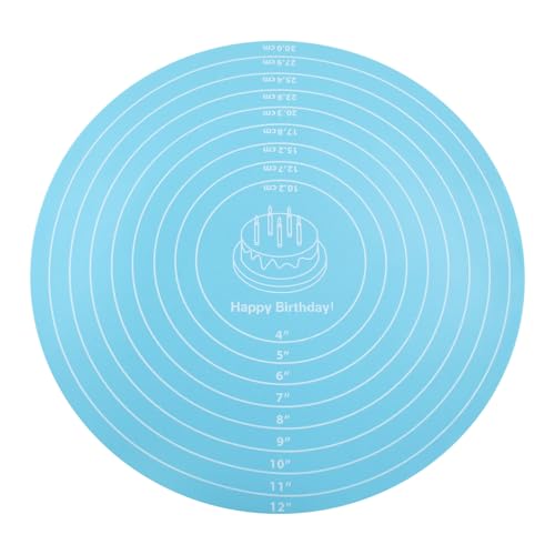 Hitefu 12 Inch Round Silicone Cake Mat, Silicone Baking Mat with Measurement for Cake Turntable & Rolling Dough (Blue)