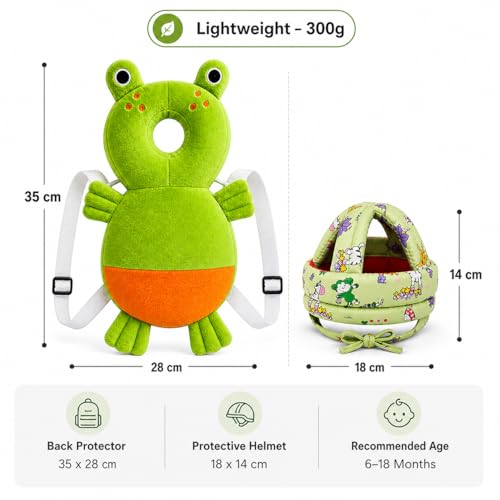 Image of GLUN Baby Back Protector with Head Protective Hat Combo Set, Cute Frog Shape Soft Cushioning, Adjustable Shoulder Belt, Head Protection Gear for 6-18 Month Toddler Kids