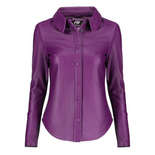 Jild Casual Shirt Leather Jacket Women - Long Sleeve Snap Button Down Soft Lambskin Leather Shacket Regular and Plus Size