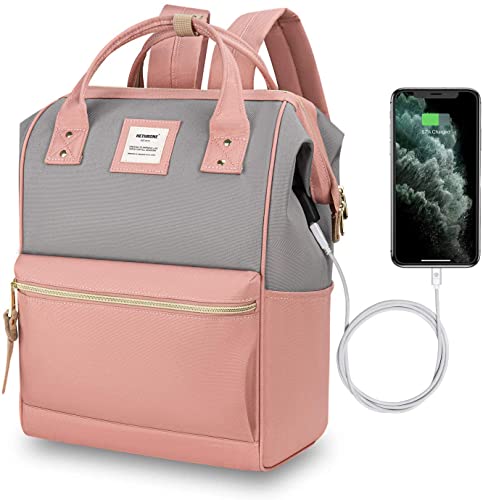 Hethrone Mochila para mujer para ordenador portátil de 15,6 pulgadas, antirrobo, mochila escolar para viajes, ocio, trabajo, color rosa y gris, con USB, 1 - Rosa Gris Usb