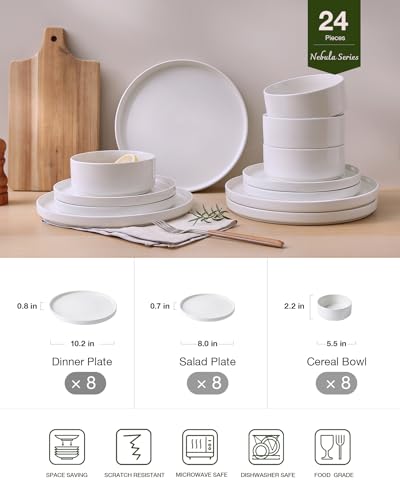 Image of Famiware Nebula Plates and Bowls Set, 24 Pieces Dinnerware Sets, Dishes Set for 8, White