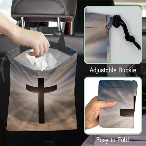 Image of Jesus Christ Cross Car Trash Bag,Hanging Drawstring Car Garbage Bag,Waterproof Canvas Car Back Seat Organizer with Adjustable Buckle,for Vehicles,SUVs,Camping,Road Trips