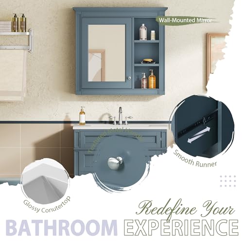 Image of Merax 30 Inch Bathroom Vanity with Sink Set, Modern Bathroom Vanity Storage Cabinet with Matching Mirror Medicine Cabinet, Solid Wood Frame,Painted Finish, 2 Drawers and 1 Tip-Out Drawer, Indigo