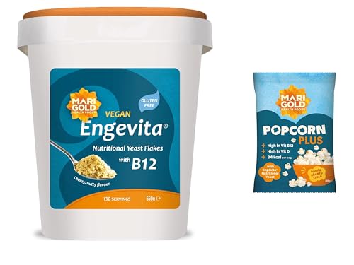 Marigold Engevita Nutritional Yeast Flakes 650g with Vitamin B12 + Free Popcorn - High in B-Complex Zinc & Fibre Vegan & Gluten-Free Nooch Cheese-Style Seasoning