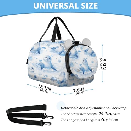 Seal Snowflakes Blue Kids Travel Duffel Bag for Boys Girls Overnight Weekend Tote Bag with Shoes Compartment for Dance Gym Sports3