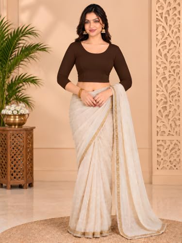 Image of Abhi Cotton Readymade Saree Blouse for Women- 3 /4 Sleeve, Round Neck, Regular-fit, Stretchable, Pull-on Style