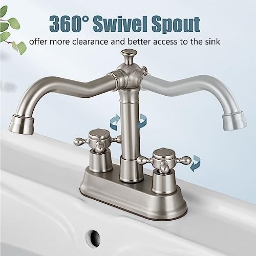Aolemi 4 Inch Brushed Nickel Bathroom Sink Faucet Centerset Deck Mounted With 2 Cross Handles Vintage Mixer Tap Basin Lavatory Faucet Utility Swivel Spout Pop Up Drain Vanity Brass #TOP2