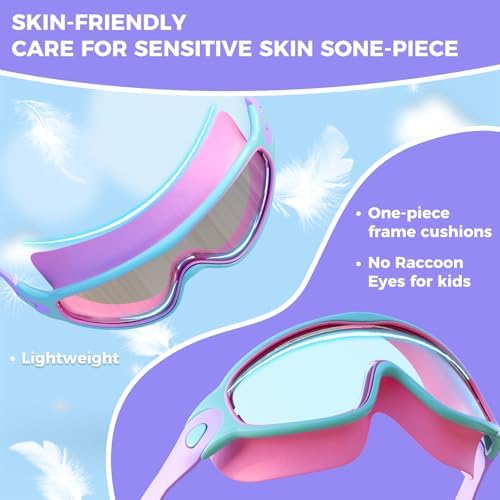 CMBJJU 3 Pack Swimming Goggles, Kid Goggles with Earplugs Large Frame Anti-Fog/UV Wide View Swim Goggles Boys Girls 6-14 (3PACK-Purple+Colorful Blue+Green-SG09) - 5