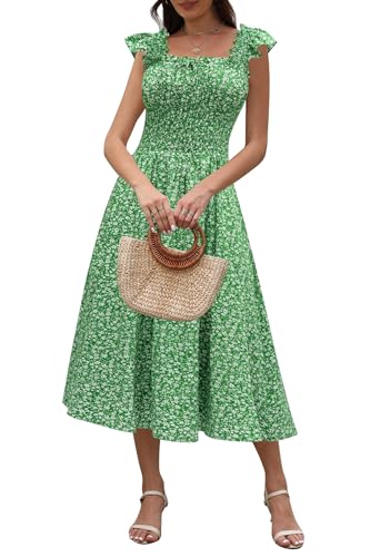 Image of Women's 2026 Spring Summer Floral Midi Dresses Square Neck Smocked Waist Beach Wedding Guest Long Flowy A Line Sundress