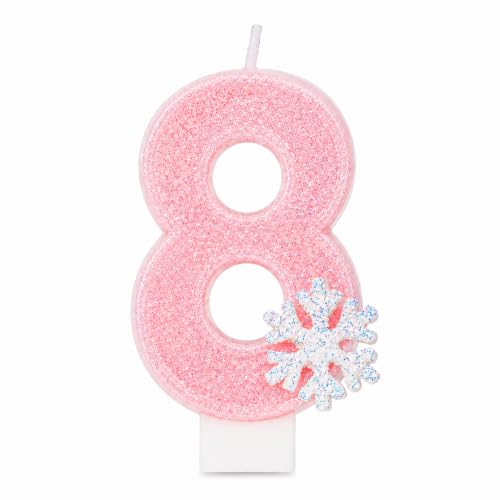 8th Snowflake Birthday Candle Pink Glitter Number 8 Candle Cake Topper