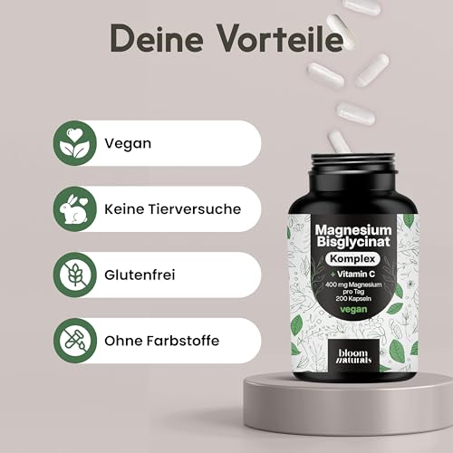 Magnesium Komplex hochdosiert - 200 Kapseln - 400 mg Magnesium pro Tag + Vitamin C, mit Bisglycinat, Citrat, Oxid, L-Ascorbat, Malat, vegan & produziert in Deutschland