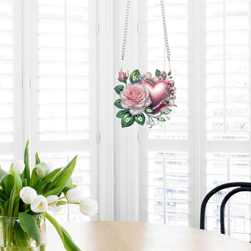 Image of AiYuanzsh 5D Diamond Painting Hanging Pendant, DIY Rose and Heart Diamond Art Kit for Adults, Crystal Rhinestone Window Decoration, Wall and Home Ornament, Valentine's Day Gift