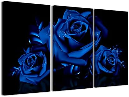 Blue Rose Wall Art,3 Piece Rose Flowers Blossom on the Black Background Canvas Print Nature Scenery Wall Art for Living Room Bedroom Wall Painting Decoration Modern Artwork