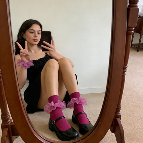 Image of Women Big Ruffle Ankle Socks Adult Double Lace Frilly Socks Fold Cuff Cotton Ruffled Dress Crew Bobby Bride Sock