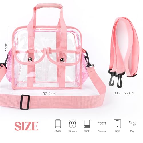 MOFASVIGI Large Clear Tote Bags Stadium Approved for Men Women Transparent PVC Shopping Bag Waterproof See Through Bag with Handles for Lunch, Stadium, Sports Games, Leisure Occasion (PINK)