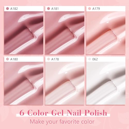 Seconda immagine Shining She Smalto Semipermanente per Unghie, 6 Colori Nude Rosa Bianco Rosa-Marrone Smalto Semipermanente Unghie Soak-Off UV per Novice Nail Art DIY, 8ml