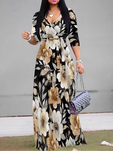 Image of Women's V Neck Floral Maxi Dress 3 /4 Sleeve Plus Size Boho Wrap Flowy Long Dresses with Belt