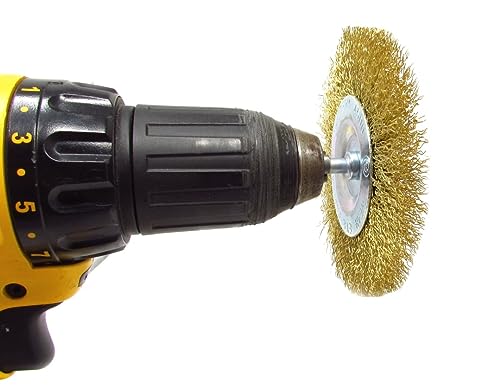 Image of LINE10 Tools 3pk 4-Inch Large Wire Wheel Brush Drill Impact Driver Attachment Circular Round Brass Coated Steel Grill Cleaning Heavy Duty Scrubbing Paint Rust Removal Deburring Metal 1 /4 inch Hex Shank