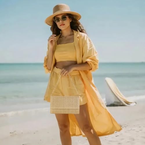 Image of Huralona Women Straw Woven Clutch Purse Pleated Handbag for Summer Beach Vacation Straw Shoulder Crossbody Bag