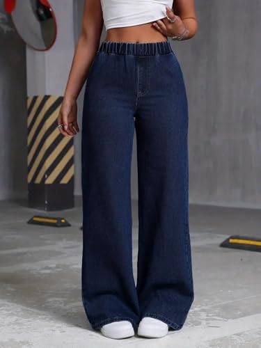 Image of ADBUCKS Women's Stretch Denim Wide Leg Jeans Comfort Fit with Elastic Waistband, Straight Cut, Casual Style for All Seasons, Versatile Clothing