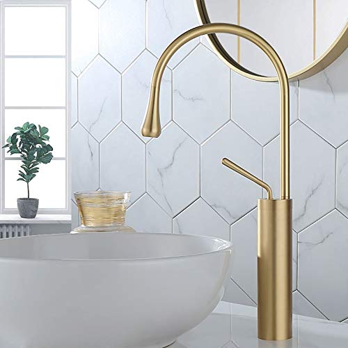 80% Off Discount Lovedima High Arc Single Handle 1-Hole Bathroom Vessel Sink Faucet Solid Brass Lavatory Vanity Sink Faucet (Brushed Gold)