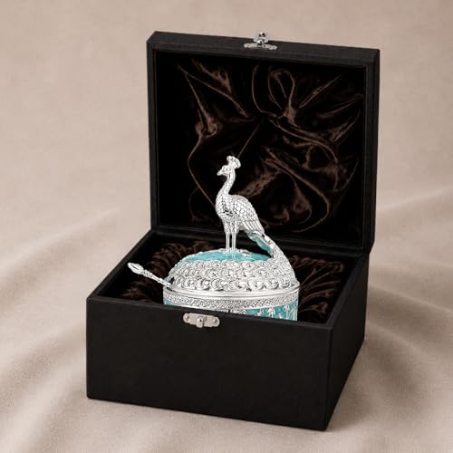Image of Diviniti Luxury German Silver Peacock Decorative Bowl with Spoon & Gift Box | Royal Turquoise Decorative Dry Fruit & Mishri Container | Premium Serving Bowl for Dining, Wedding & Festive Gift (16 cm)