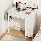 HIGDBFE Small Desk with 5 Fabric Drawers, 33 Inch Writing Desk for Home Office, Simple PC Desks for Small Place, Kids Girls Teen Study Table Vanity for Bedroom, Dorm, White, 14' D
