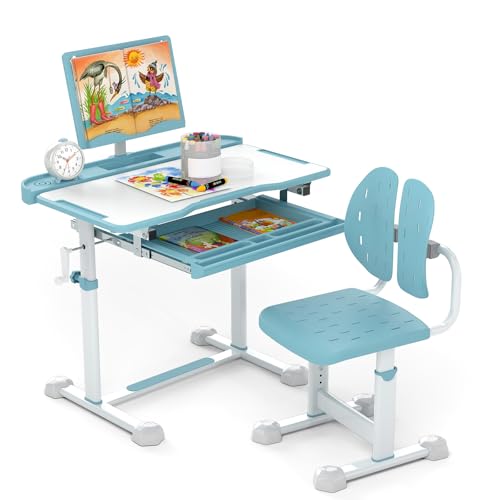 COSTWAY Juego de Escritorio y Silla para Niños, Mesa y Silla Ajustables en Altura, Tablero Inclinable y Soporte para Libros Giratorio, Pupitre para Niños de 3+ Años (Azul)