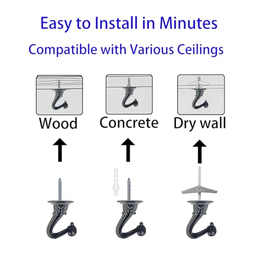 OBSTKUCHEN 8 Sets Swag Ceiling Hooks Heavy Duty Swag Hook with Hardware for Hanging Plants Ceiling Installation Cavity Wall Fixing (Black) - Image 3