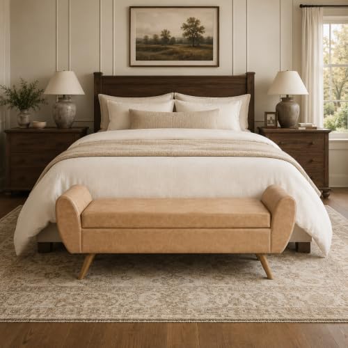 Image of HomePop 60 inch Modern Storage Bench with Wood Legs - Sand Faux Leather