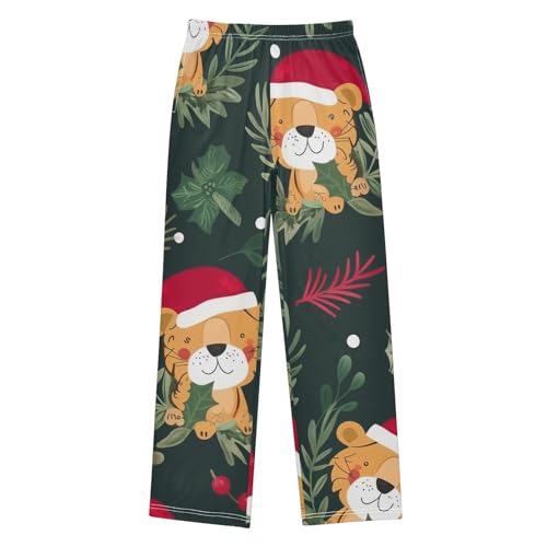 Xmas Tiger Pine Branches Boys Long Pants Soft Trousers Elastic Waist Kids Lounge Bottoms with Pockets S-XL