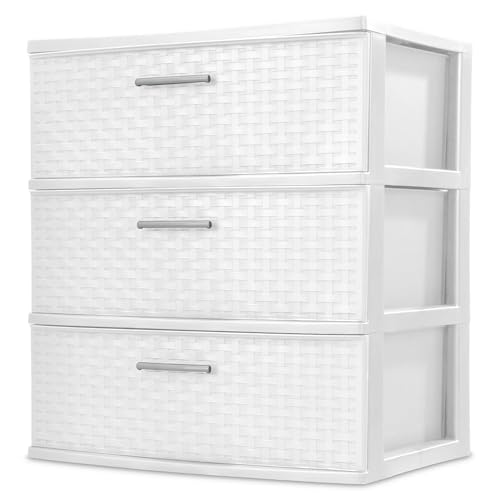 3-Drawer Wide Weave Storage Tower, White Plastic...
