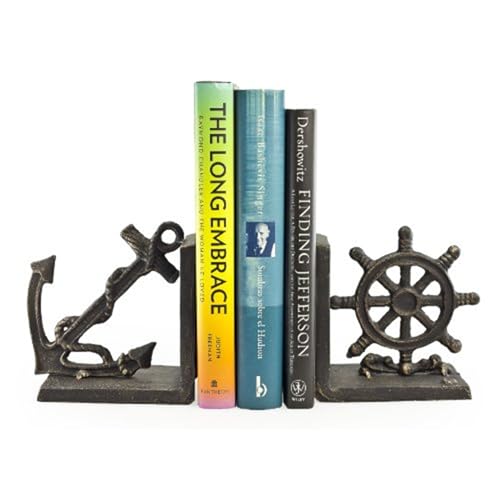 Danya B. ZI08303 Nautical/Coastal Home Decor - 2-Piece Metal Bookend Set with Anchor and Captain's Wheel