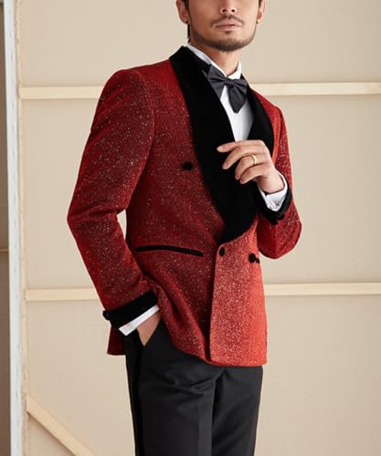 Men's Prom Suit 2 Pieces Tuxedo Shiny Blazer Velvet Shawl Lapel Jacket Pants Set for Homecoming,Wedding Party,Dinner2