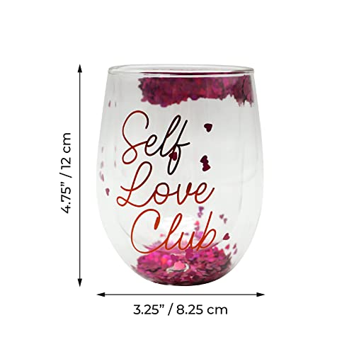 Tmd Retail Double Walled Confetti Glitter Filled Stemless Wine Glass, 12 Oz, Birthdays, Valentine’s Day, Galentine’s Day, Novelty Gifting, Holidays (Self Love Club) #TOP3