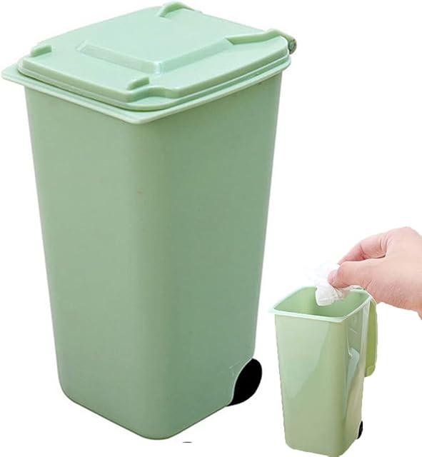 Mini Wheelie Trash Can Desktop Plastic Bucket Waste Bins Cleaning Storage Household Office Supplies Green