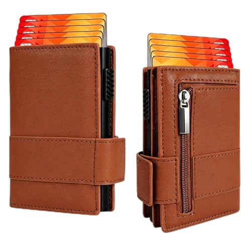 VM FASHION KISS Men's Automatic Pop-Up Card Holder Wallet RFID Blocking Slim Minimalist Carbon Fiber Credit Card Case with Zipper Coin Pocket Gift for Men (apricot)
