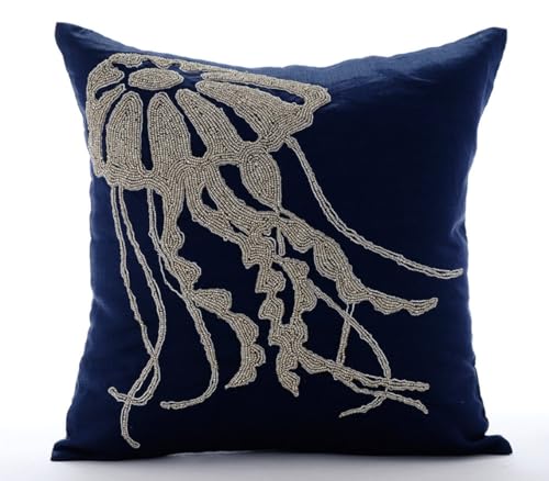 The HomeCentric Navy Blue Cushions Cover, Beaded Jelly Fish Sea Creatures Ocean and Beach Theme Cushions Cover, 45x45 cm (18x18 inch) Floral Mediterranean Cotton Linen - Jelly Fish At The Shore