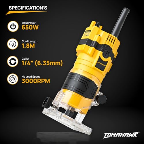 Image of TOMAHAWK TTM-7402 Professional Palm Router 650W Powerful Motor 32000RPM 6mm /6.35mm /8mm Collet Precision Woodworking Tool for Trimming, Grooving & Edge Finishing